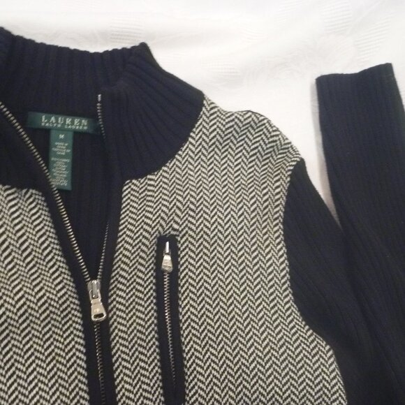 Lauren Women M Herringbone Black White Sweater Cardigan Zip Ribbed Colorblock - Picture 16 of 16